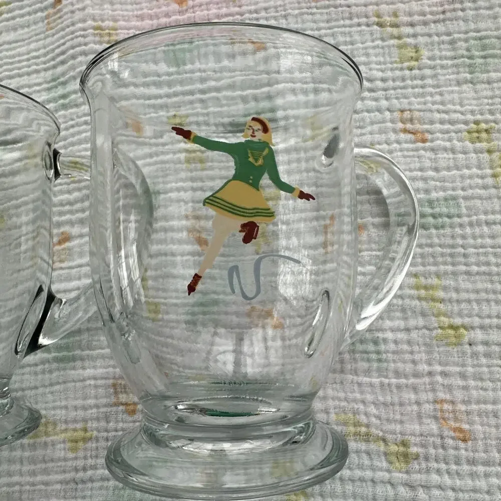 Williams Sonoma Vintage Winter Sports Skating Sledding Glass Coffee Mugs Set/2